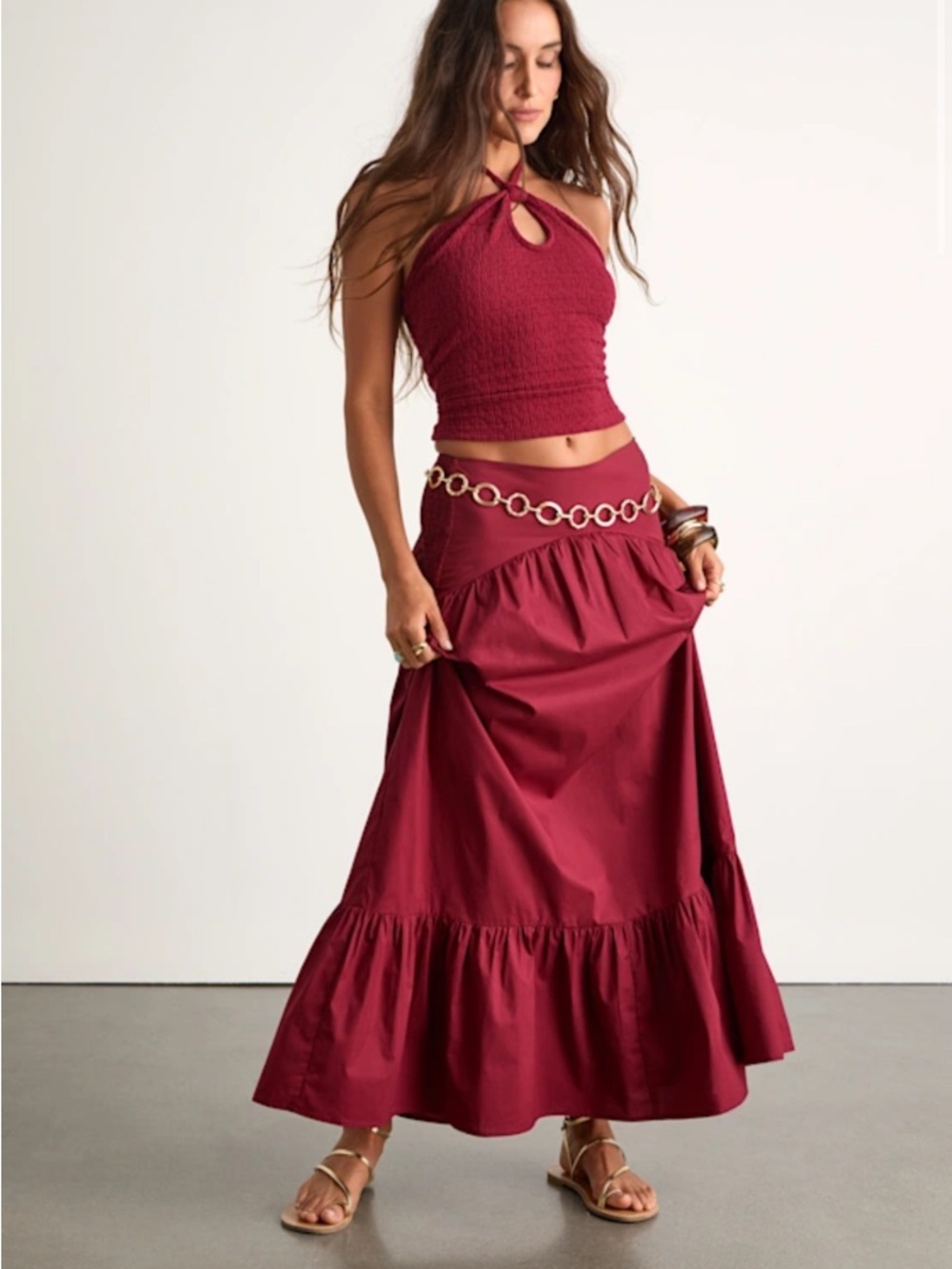 NEW Lulus Juniper Dark Red Cotton Midi-Rise Maxi Skirt